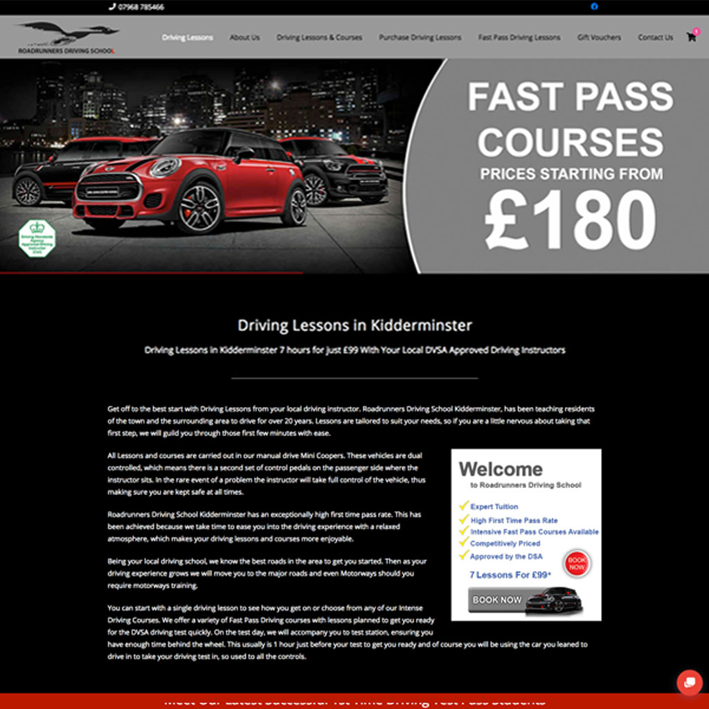 Home page for Roadrunners Driving School Website project